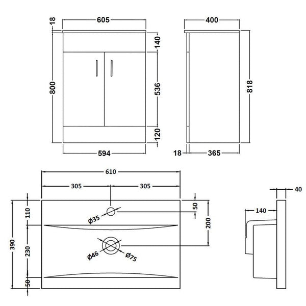 Nuie Eden 600mm Floorstanding 2-Door Vanity Unit & Basin - Gloss White ...