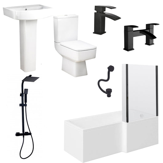  Serene L-Shaped 1700 x 700 Complete Shower Bathroom Suite - Matt Black